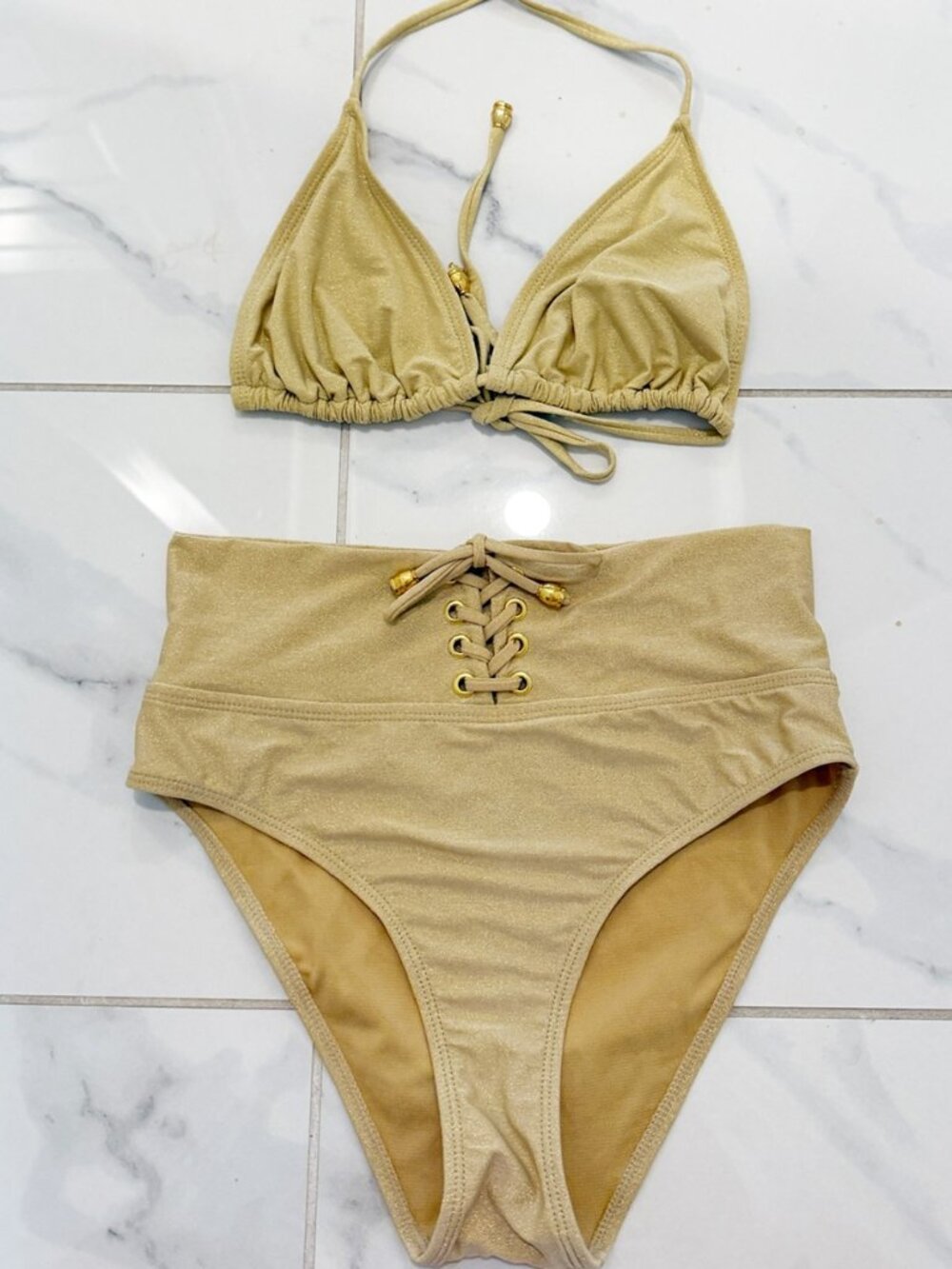 BIKKI BEACH EMMA Gold Lace Up 2-pc Bikini M/L - Picture 16 of 16